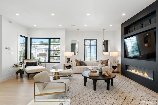 living room featuring a healthy amount of sunlight and light hardwood / wood-style floors