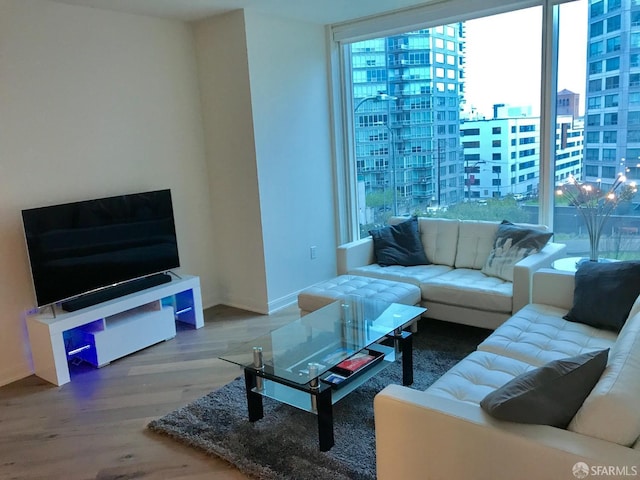 living area featuring a healthy amount of sunlight, a city view, and wood finished floors