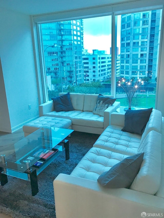 living area featuring carpet and a city view