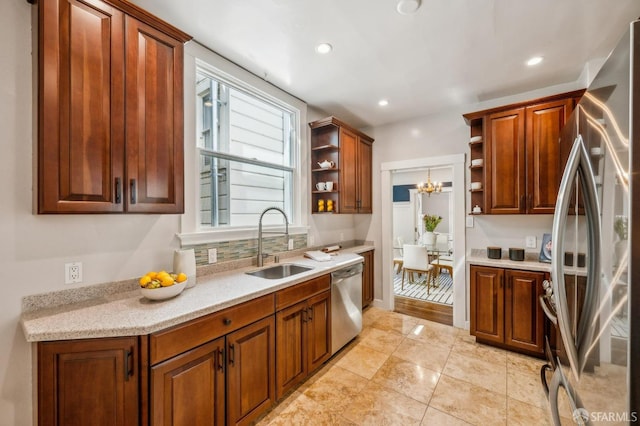 kitchen with recessed lighting, open shelves, a sink, and stainless steel appliances