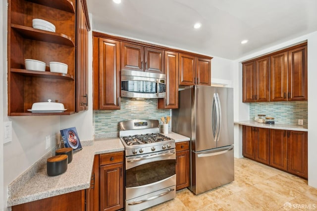 kitchen featuring backsplash, open shelves, brown cabinets, stainless steel appliances, and recessed lighting