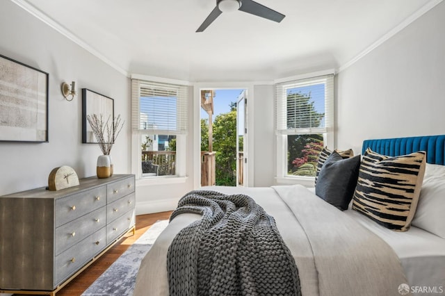 bedroom with ceiling fan, dark wood finished floors, ornamental molding, and multiple windows