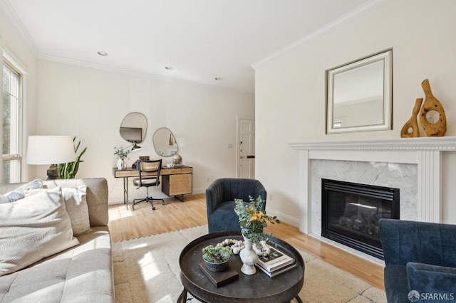 living area featuring ornamental molding, wood finished floors, and a fireplace