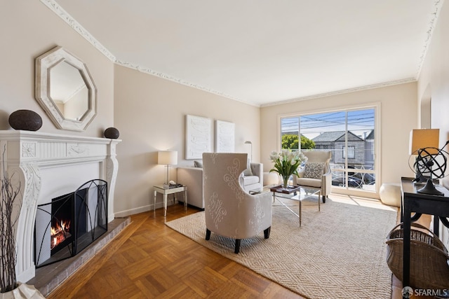 1874 34th Ave, San Francisco, CA 94122 - living room with ornamental molding and a lit fireplace