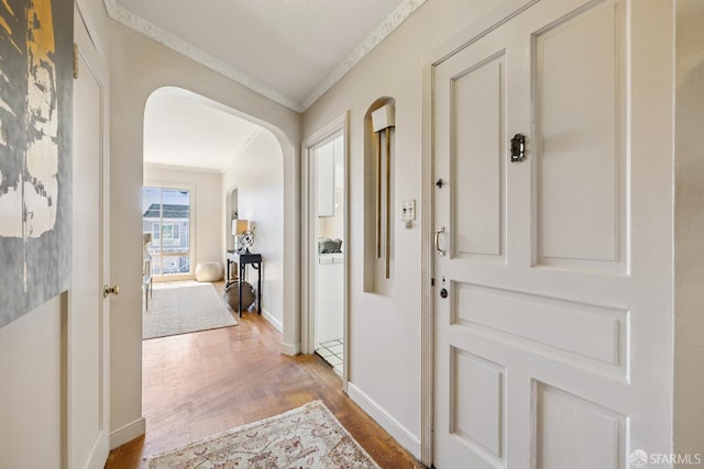 1874 34th Ave, San Francisco, CA 94122 - foyer entrance with ornamental molding, arched walkways, and wood finished floors