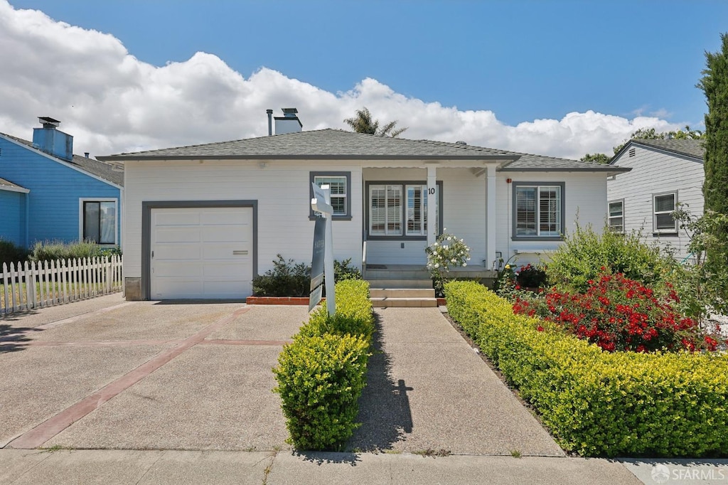 10 S Rochester St, San Mateo, CA 94401 - ranch-style house with a garage, fence, driveway, and a porch
