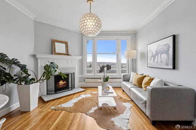 1250 Vallejo St Unit 9, San Francisco, CA 94109 - living room with crown molding, a fireplace, and wood finished floors