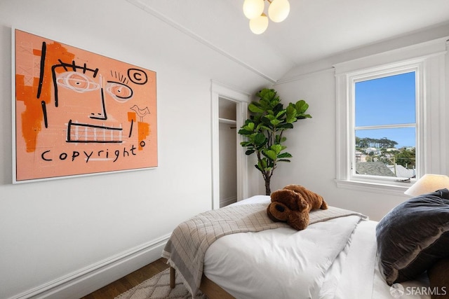 bedroom with lofted ceiling, baseboards, and wood finished floors