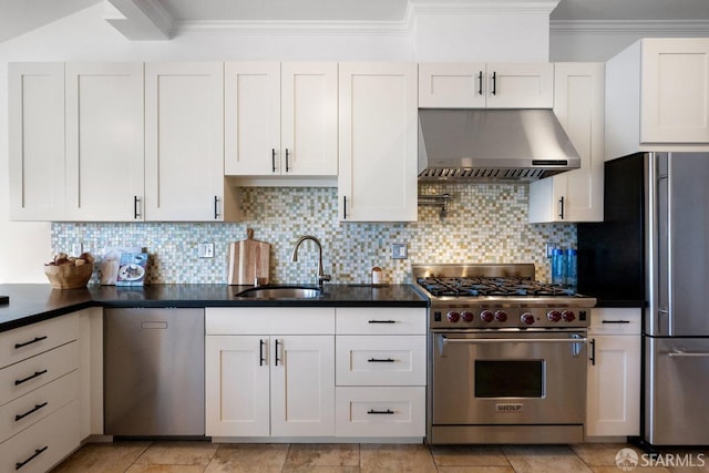 kitchen featuring range hood, stainless steel appliances, decorative backsplash, white cabinetry, and a sink