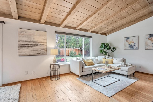 living room featuring light wood-type flooring, vaulted ceiling with beams, and wood ceiling