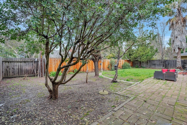 view of yard with an outdoor living space and a patio area