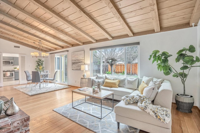 living room featuring wood-type flooring, wood ceiling, lofted ceiling with beams, and a notable chandelier