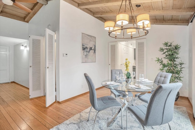 dining space with a chandelier, wooden ceiling, vaulted ceiling with beams, and light hardwood / wood-style flooring