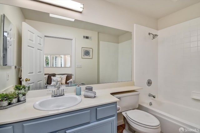 full bathroom with vanity, toilet, bathtub / shower combination, and visible vents