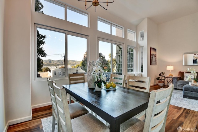 dining space with a notable chandelier, wood finished floors, baseboards, and a towering ceiling