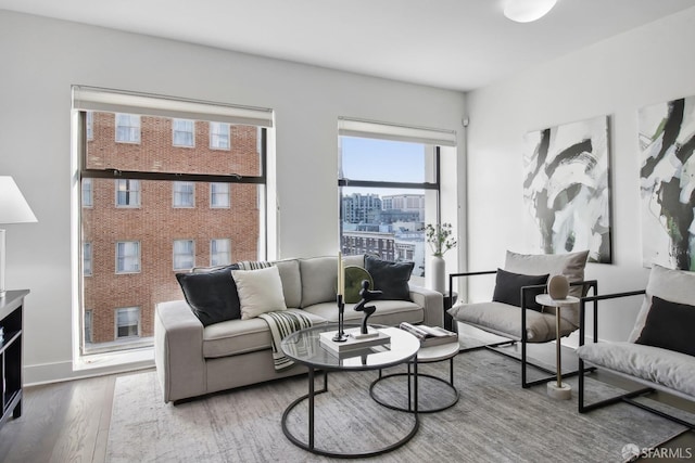 living area with a view of city, baseboards, and wood finished floors