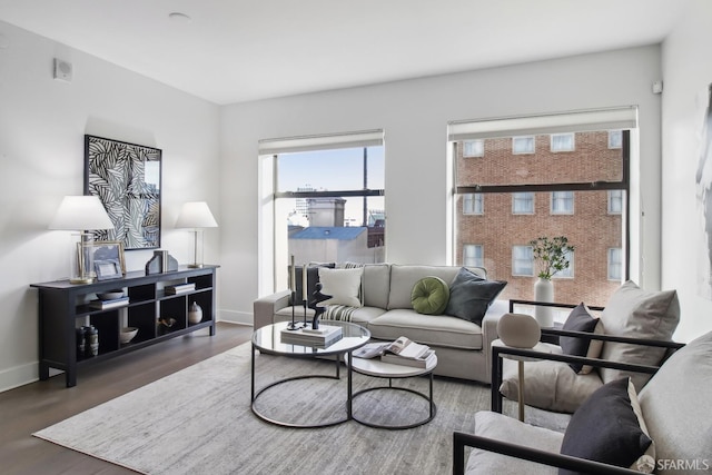 living room featuring wood finished floors and baseboards