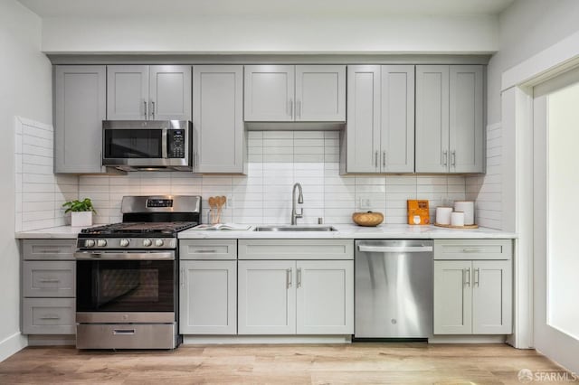 kitchen with tasteful backsplash, sink, stainless steel appliances, and light wood-type flooring