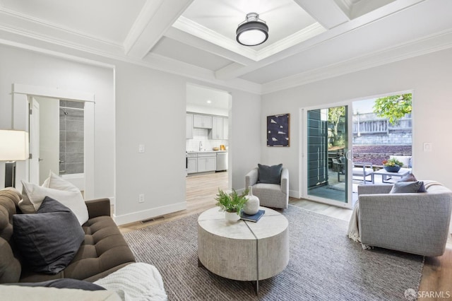 living room featuring coffered ceiling, beam ceiling, and light hardwood / wood-style flooring