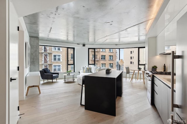 kitchen with white cabinets, a center island, high end stainless steel range, and light hardwood / wood-style flooring