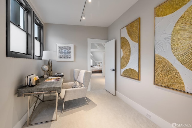 office with baseboards, carpet flooring, and track lighting