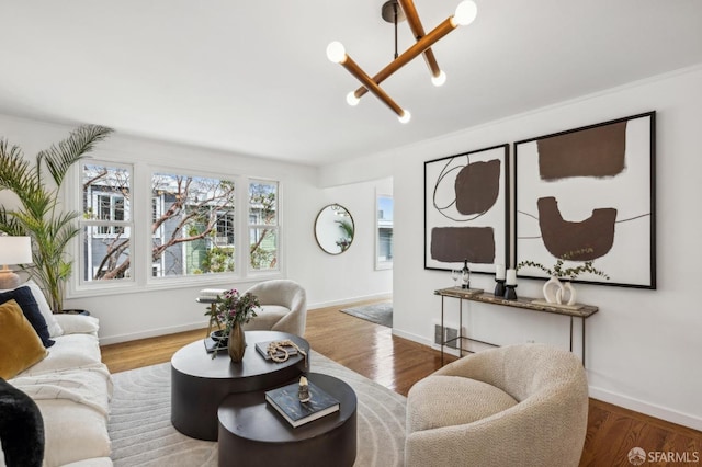 221 Lily St, San Francisco, CA 94102 - living area featuring a chandelier, baseboards, and wood finished floors