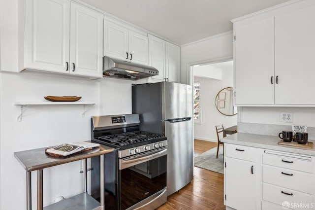 221 Lily St, San Francisco, CA 94102 - kitchen featuring stainless steel appliances, under cabinet range hood, wood finished floors, white cabinets, and open shelves