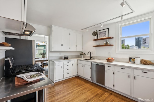 221 Lily St, San Francisco, CA 94102 - kitchen with stainless steel dishwasher, rail lighting, a sink, light wood finished floors, and white cabinetry