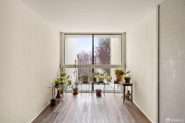 living area with expansive windows, wood finished floors, and baseboards