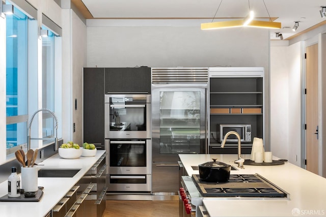 kitchen with appliances with stainless steel finishes, sink, and wood-type flooring