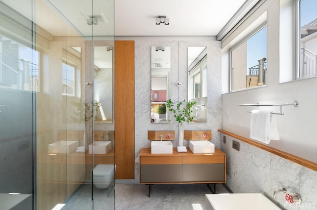 bathroom featuring a shower with door, toilet, and vanity