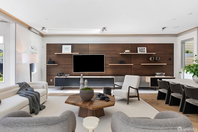 living room featuring light hardwood / wood-style floors and ornamental molding