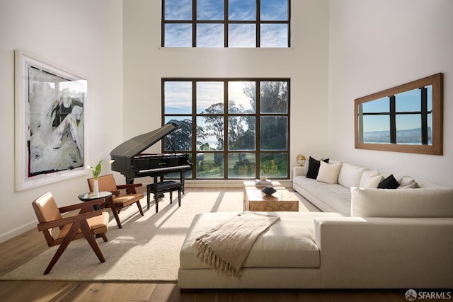 living area featuring a high ceiling, wood finished floors, and baseboards