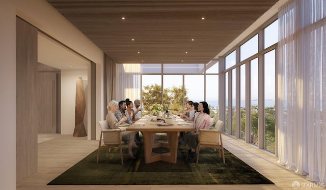 sunroom featuring wooden ceiling