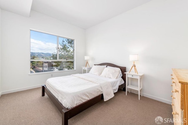 bedroom with a mountain view and light colored carpet