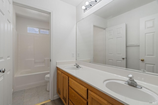 full bathroom with vanity, shower / tub combination, tile patterned floors, and toilet