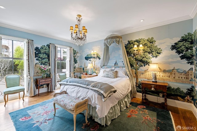 bedroom with an inviting chandelier, hardwood / wood-style floors, and crown molding