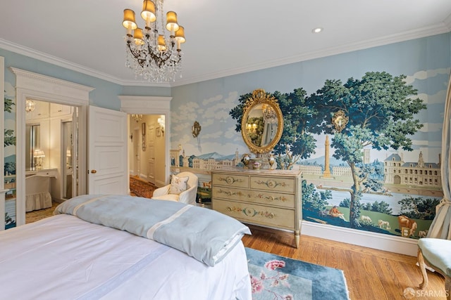 bedroom featuring wood-type flooring, ensuite bathroom, ornamental molding, and a notable chandelier