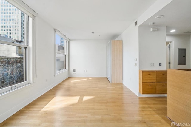 empty room with light hardwood / wood-style floors, electric panel, and a wealth of natural light