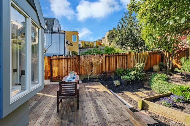 wooden terrace featuring a fenced backyard