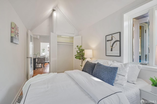 bedroom featuring a closet, lofted ceiling, and baseboards