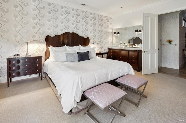 bedroom featuring ornamental molding and light carpet