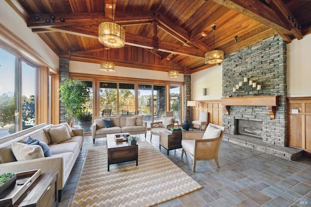 sunroom / solarium featuring lofted ceiling with beams, a stone fireplace, wooden ceiling, and a wealth of natural light