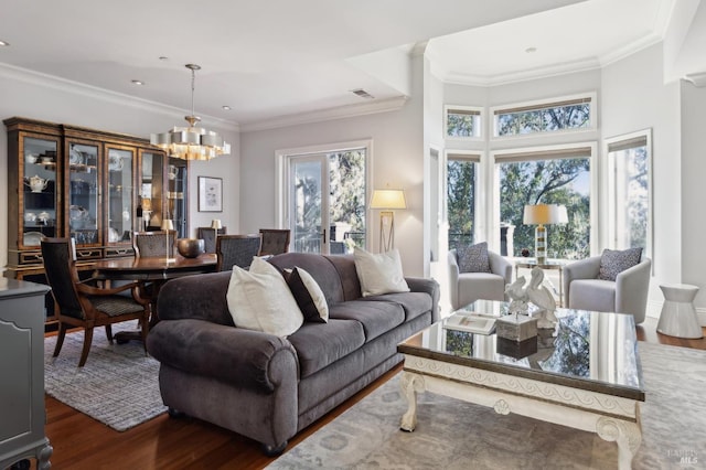 living room with dark hardwood / wood-style flooring, a chandelier, and ornamental molding