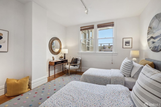 bedroom with wood-type flooring and rail lighting