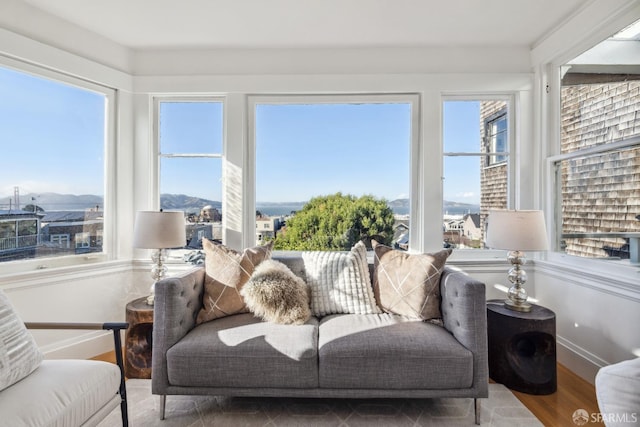 sunroom with a mountain view