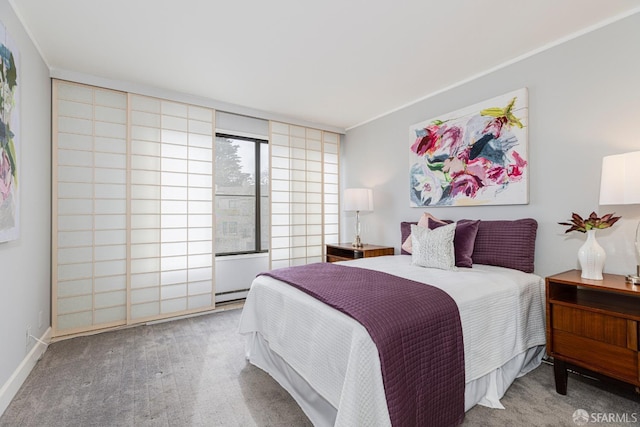 bedroom with carpet and a baseboard heating unit