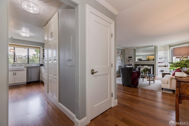 hallway featuring crown molding, sink, dark wood-type flooring, and built in features