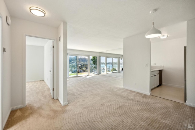 unfurnished living room with a textured ceiling and light colored carpet