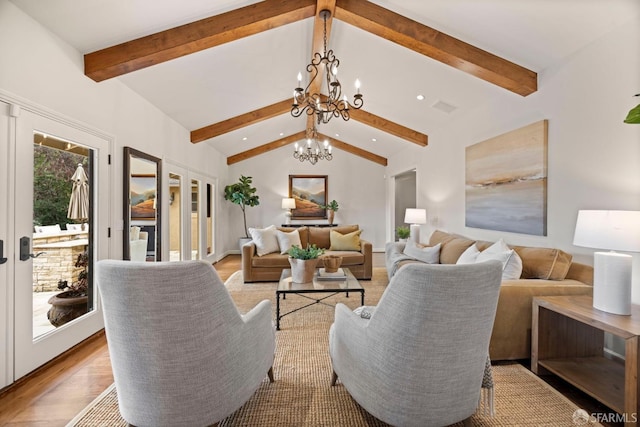 living area with vaulted ceiling with beams, french doors, light wood-style floors, a notable chandelier, and recessed lighting